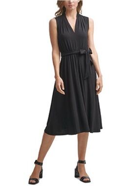 Calvin Klein Black Sleeveless V-Neck Midi Dress with Waist Tie